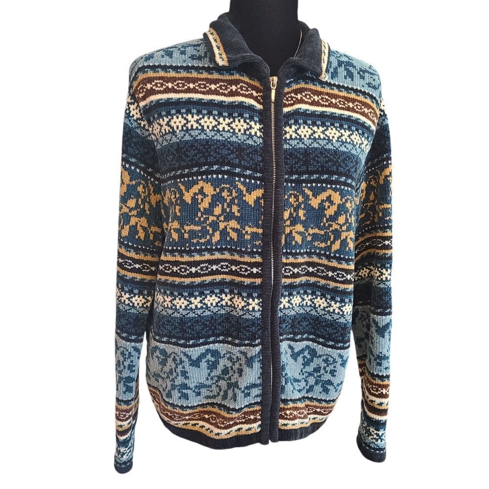 Designer's‎ Studio Sweater Nordic Pattern Chenille Yarn Zippered Sz L